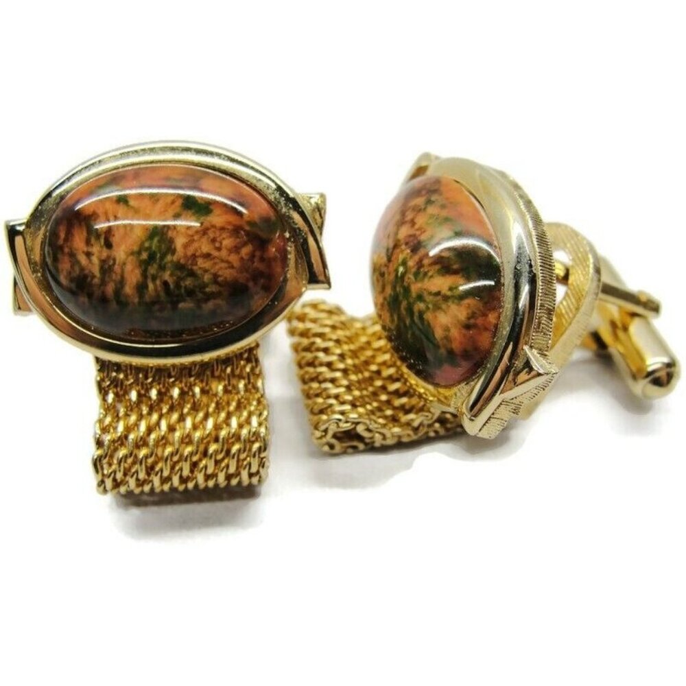 Multi Color Gold Tone Mesh Oval Cufflinks Silver Tone Tux Shirt Suit Vintage